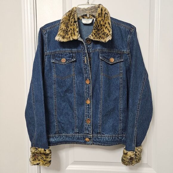 Faux Leopard Ikon Clothing Jean Jacket Women's Small Fur Collar Cuffs Buttons - Picture 7 of 10
